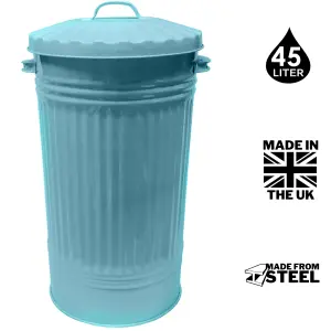 Duck Egg Blue Metal Bin Retro Bin Tapered Galvanised Dustbin Vintage Style Steel Bin - 45L