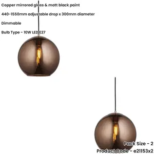 2 PACK Hanging Ceiling Pendant Light - Copper Mirrored Glass & Matt Black Paint - 10W LED E27