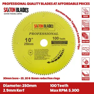 Saxton TCT250MXAPRO TCT Circular Saw Blade 250mm x 60 and 100 Teeth x 30mm Bore + 16, 20 and 25mm Reduction Rings Pack of 2