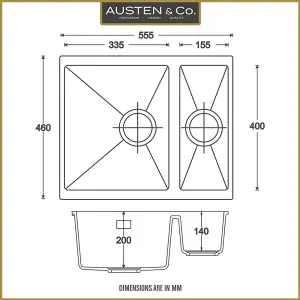 Austen & Co. Florence Inset & Undermount 1.5 Bowl Reversible Granite Kitchen Sink With Strainer & Over Flow Kit - Grey