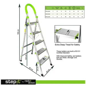 StepIt 5 Step Ladder - Portable Folding with Wide Steps, Soft Grip, Rubber Hand Grip, 150kg Capacity