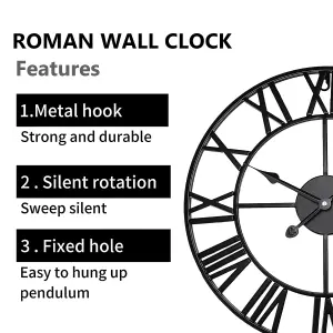 60cm Garden Wall Clock Roman Large Indoor Outdoor Numerals Giant Open Face Metal