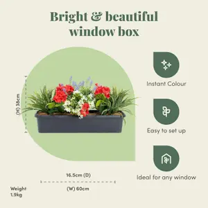 Blooming Artificial - 60cm / 2ft Red Artificial Mixed Flower Window Box