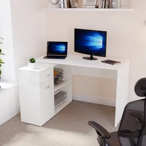 Vida Designs Longton White Adjustable L-Shaped Computer Desk with Shelves, Drawer and Door