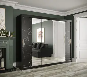 Elegant Black Geneva T2 Sliding Door Wardrobe W2500mm H2000mm D620mm - Mirrored Doors, Gold Handles, Expansive Storage