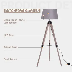 HOMCOM Tripod Floor Lamp Freestanding Bedside Light with Fabric Shade Grey