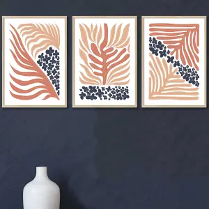 Set of 3 Framed Framed Blue and Pink Boho Abstract Floral / 42x59cm (A2) / Oak