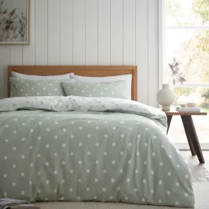 Catherine Lansfield Brushed Polka Dot Cotton Reversible King Duvet Cover Set with Pillowcases Green