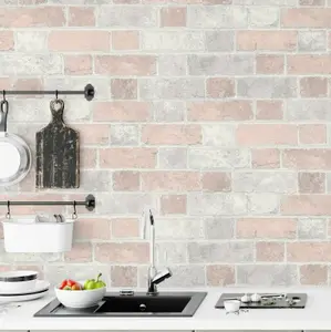 Brick Wall Effect Stone Pale Pink Light Grey Rustic Wallpaper Blush Girls Art