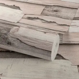 Grandeco Malay Natural Planked Wood effect Wallpaper, Blush Pink