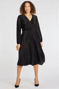 Bonmarche Black Plain Plisse Wrap Dress, Size: 10