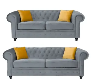 Hilton Chesterfield style Sofa Grey French Velvet Fabric 3+2 Seater Set (3+2 Seater)