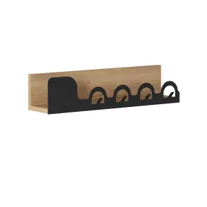 Decortie Modern Liora Wall Mounted Oak Hanger Storage with 4 Black Metal Hooks Coat Rack Shelf Engineered-Wood for Hallway Bedroom