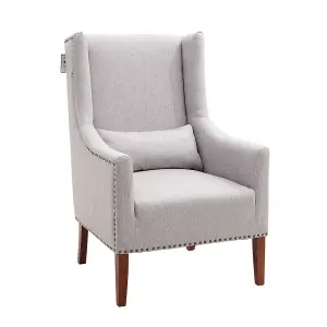 Grey Nailhead Wide Linen Wing Back Chair Armchair with Cushion