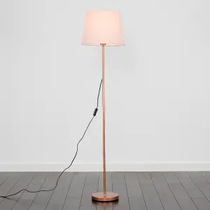 ValueLights Modern Standard Floor Lamp In Copper Metal Finish With Pink Tapered Shade - With LED GLS Bulb in Warm White