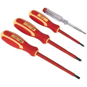 4 PACK VDE Screwdriver & Mains Tester Set - 1000V Shock Proof Insulated Shafts