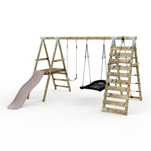 Limited Edition Rebo Wooden Double Swing Set with Slide plus Up and Over Climbing Wall - Quartz - Pastel Pink