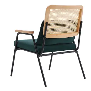 Green Frosted Velvet Effect Armchair Rattan Back Metal Frame Arm Chair with Metal Legs