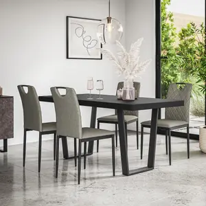 Aria Dining Table And Chairs -  Black Table Top w Black Legs + Monza Linen Dining Chair Set Of 6 (Grey)