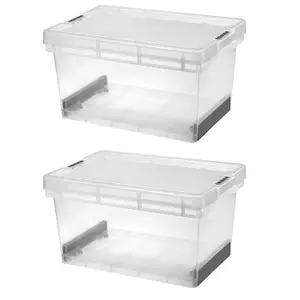 2 x 45 Litre Clear Plastic Stackable Ultra Resistant Modular Plastic Storage Container Boxes With Secure Clip Lock Lids