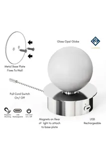 CGC MACIE Satin Nickel & White Opal Globe LED Rechargeable Magnetic USB Reading Bedside Wall Light Pull Cord Switch