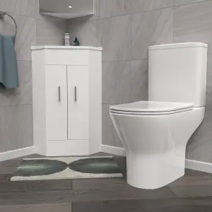 Nes Home White Corner Vanity Unit with Ceramic Basin & Round Rimless Toilet Set