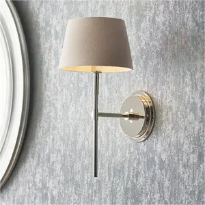 Indoor Bright Nickel Plate Wall Light - Grey Linen Mix Fabric Shade - Dimmable 6W LED E14