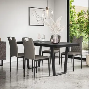 Aria Dining Table And Chairs -  Black Table Top w Black Legs + Monza Faux Leather Dining Chair Set Of 4 (Grey)