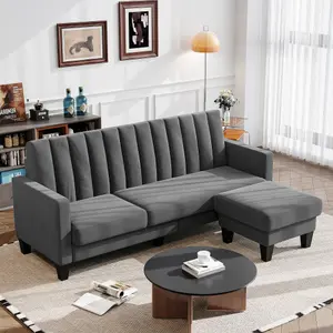 Sectional Couch Velvet L Shaped 3 Seat Grey Sofa with Chaise