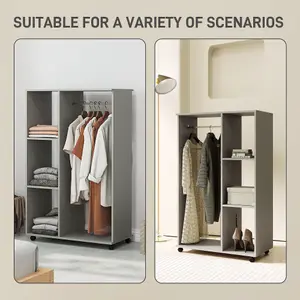 HOMCOM Rolling Open Wardrobe Hanging Rail Storage Shelves for Clothes, Grey