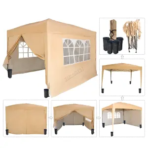 Birchtree Waterproof 3m x 3m Heavy Duty Pop Up Gazebo Marquee Garden Awning Party Tent Canopy 600D Polyester Steel Frame Beige