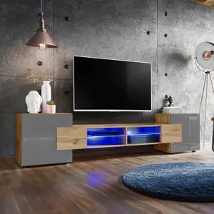 Bridge Wide TV Unit with Storage & Led Lighting - Grey Gloss / Wotan Oak