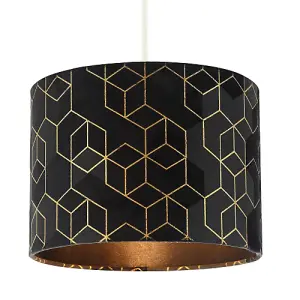 Black Soft Velvet Lamp Shade with Metallic Gold Foil Lines in Geometric Design