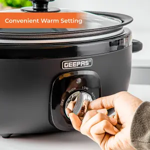 Geepas 6.5 Litre Slow Cooker 3 Temperature Settings, Removable Easy-Clean Aluminum Bowl Tempered Glass Lid & Cool Touch Handle