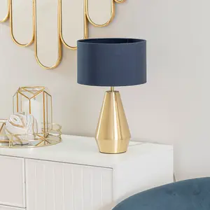 ValueLights Jax Gold Metal Touch Dimmer Table Lamp with Navy Blue Drum Shade