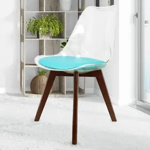 Soho Clear and Aqua Plastic Dining Chair with Squared Dark Wood Legs