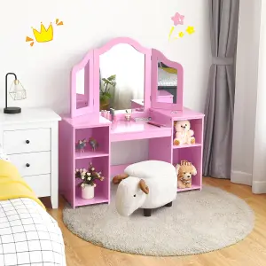 Costway 2 In 1 Kids Vanity Table Children Dressing Table Set w/ Mirror & Storage Shelves