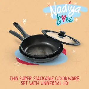 Prestige Nadiya Black Round Aluminium Non-Stick Frying Pan Set with Multi Size Lid 24 & 26cm Twin Pack