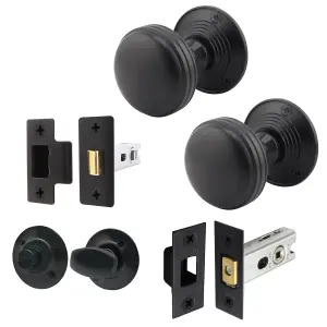 AFIT Lined Door Knob Set Matt Black - 1 Pair of Mortice Knobs 55mm, Latch & Deadbolt Kit 76mm & Turn & Release for Internal Doors