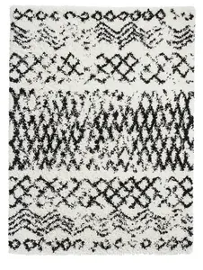 White Black Shaggy Geometric Moroccan Shaggy Modern Easy to clean Rug for Dining Room-120cm X 170cm