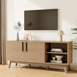 Wooden TV Stand with Storage Cabinet and Open Shelves