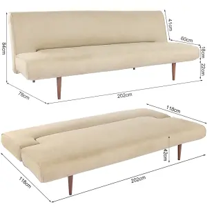 Khaki Faux Suede 3 Seater Sofa Bed Couch Bed with Wood Legs D 118 cm x W 202 cm x H 42 cm