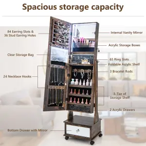 Costway Lockable Jewelry Armoire w/ Full-Length Mirror Mobile Jewelry Cabinet w/ 3-Color Light & Drawer Adjustable Angles