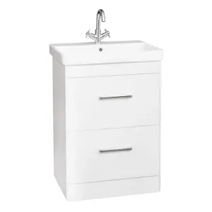 500mm Madison Floor Standing 2 Drawer Unit & Ceramic Basin - White Gloss