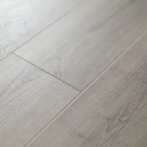 GoodHome Cleobury Grey Structured Oak effect Laminate flooring Sample