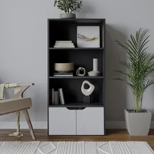 URBNLIVING Height 118Cm 4 Tier Wooden Bookcase Cupboard with Doors Storage Shelving Display Colour Black Door Grey Cabinet Unit