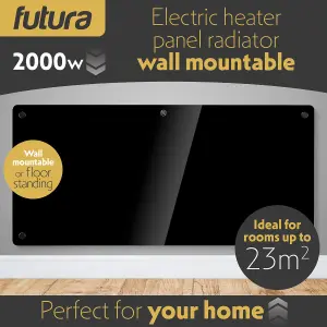 Futura Electric 2000W WIFI Glass Radiator Panel Heater Black Wall Mounted or Floor Standing Bathroom Safe, Timer and Thermostat