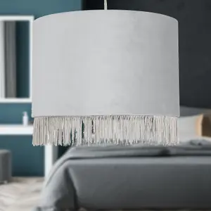 First Choice Lighting Fringed Silvery Grey 23cm Fringed Velvet Pendant Shade