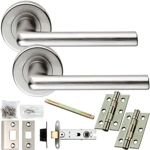 Door Handle & Latch Pack - Satin Chrome - Thin Slim Straight Bar Lever On Round Rose