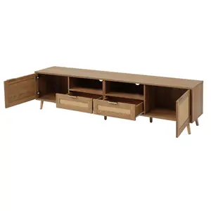 Modern Rattan and Oak Wood TV Stand TV Cabinet Console Table with Storage and Drawers Living Room Furniture